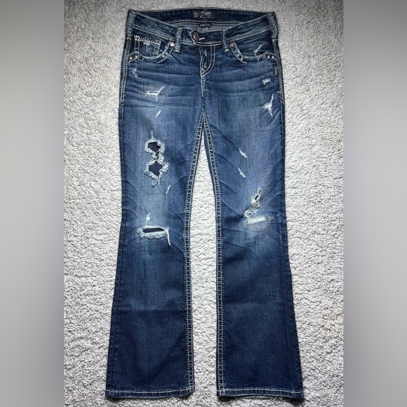 Silver Jeans Womens 28 Tuesday Slim Boot Cut Low Rise Dark Distressed Big Stitch - Picture 1 of 5